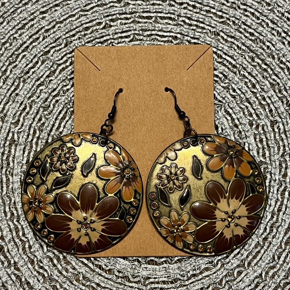Floral Gold and Brown Disc Earrings